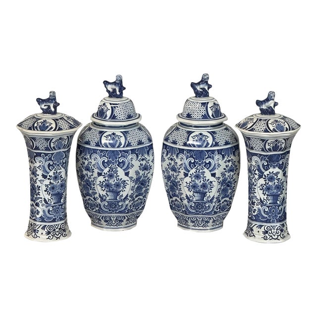 19th Century Boch Hand-Painted Blue & White Delft Garniture Set For Sale