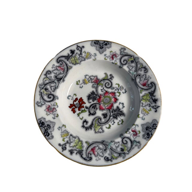 Frances Morley & Co. Vintage Transferware Rimmed Bowls in Aurora pattern. Coloration charcoal/red. 8 available. Very good...