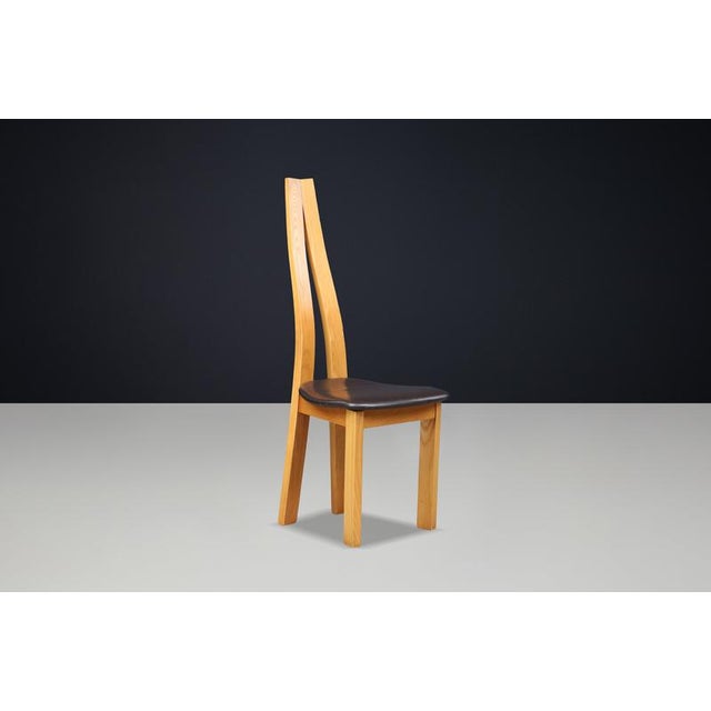 Wood Sculptural Elm and Black Leather Dining Chairs, France, 1970s, Set of 6 For Sale - Image 7 of 17