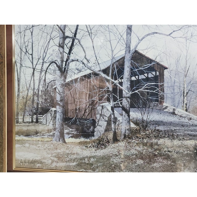 Evocative vintage Ray Hendershot, AWS member, lithograph title Kissin Bridge, in excellent condition. Quality frame,...