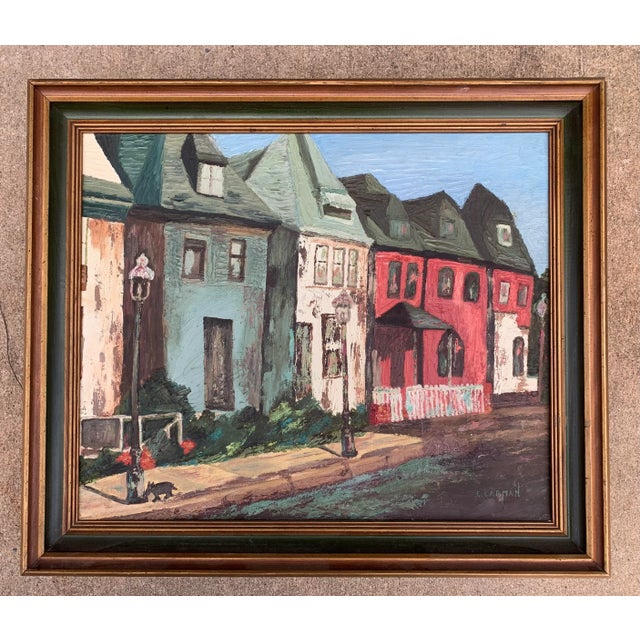 Vintage original oil painting on canvas board of a street scene including row homes and a small black dog. Painting...
