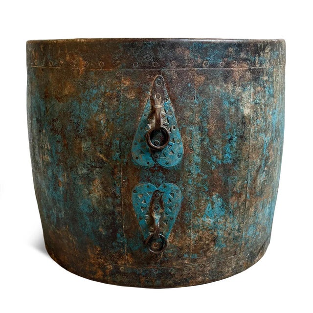 Rustic Vintage Iron Worn Blue Barrel For Sale - Image 3 of 4
