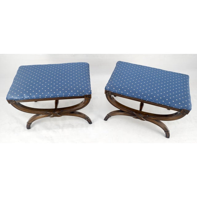 Late 20th Century Pair of Carved Regency Style Blue Upholstery Benches MINT For Sale - Image 5 of 10