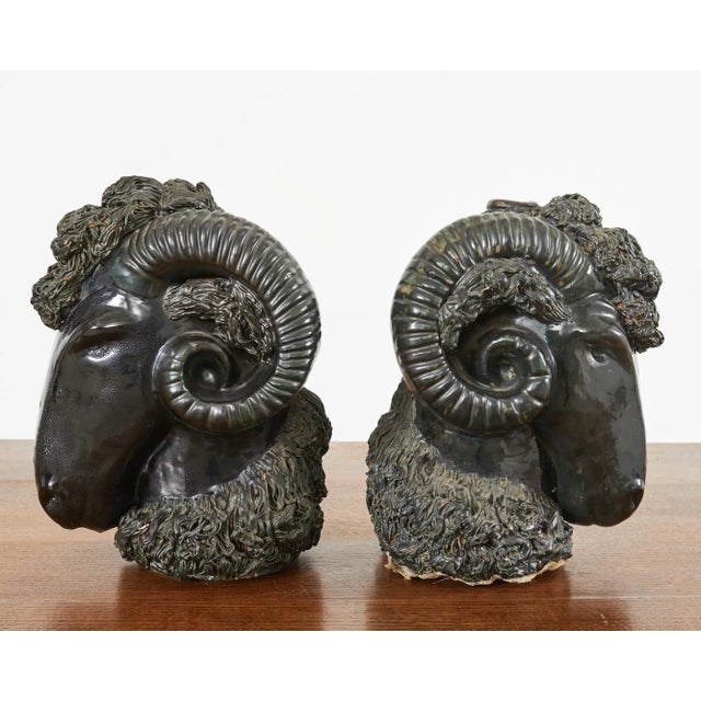 Neoclassical Pair of Neoclassical Style Jade Rams Head Pottery Sculptures For Sale - Image 3 of 13