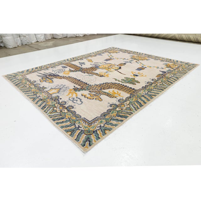 9x12 Hand-Knotted Modern Chinoiserie Wool Rug – Dragon & Cloud Motif in Cream For Sale - Image 11 of 11