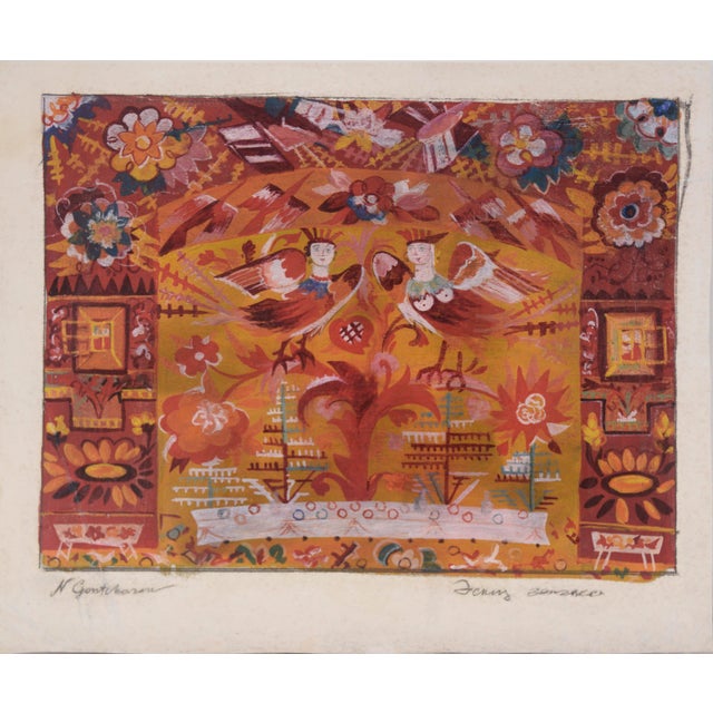 Vibrant set design by Russian artist Natalia Gontcharova (1881-1962). Two angelic figures are the central focus of this...