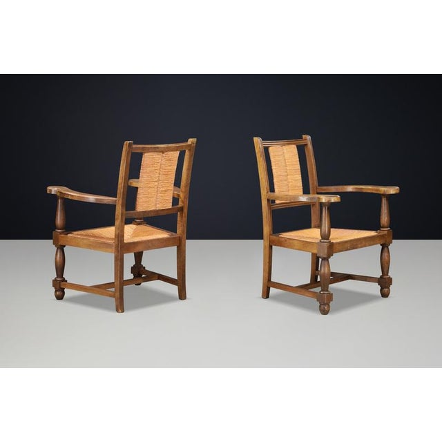 Brown French Oak and Rush Armchairs in the style of Charles Dudouyt, France, 1940, Set of 2 For Sale - Image 8 of 11