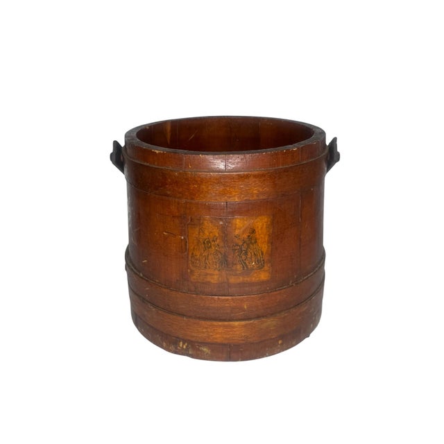 Victorian Antique Primitive Wood Firkin Staved Bucket Iron Bail Handle Victorian Decoupage For Sale - Image 3 of 10