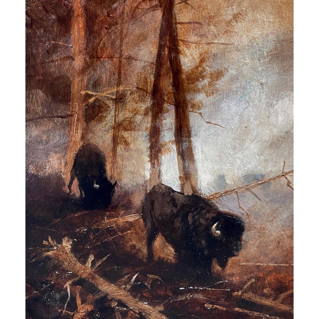 Veiled Guardians, Micah 7:7 by Thomas Kegler | Oil on board Bison in a misty forest setting. For Sale - Image 4 of 5