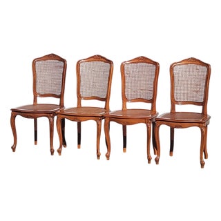 Vintage Louis XV Style Wood and Cane Dining Chairs, 1980s, Set of 4 For Sale