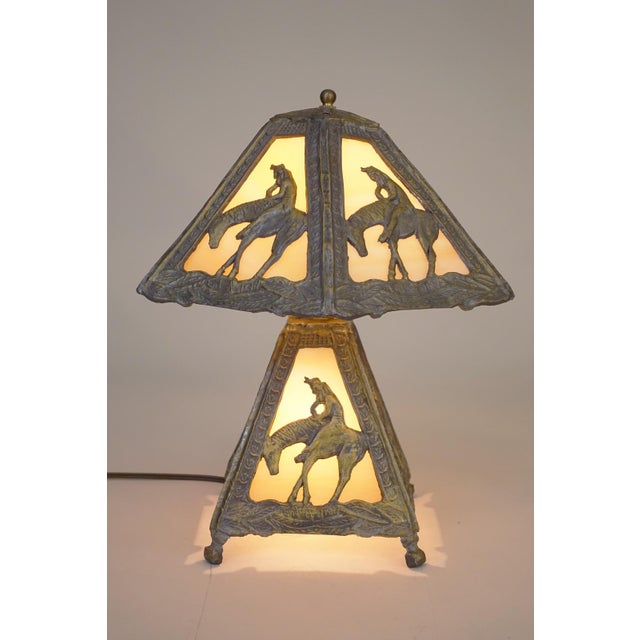 1980s Native American Indian End of Trail Caramel Slag Stained Glass Shade Table Lamp For Sale - Image 4 of 11