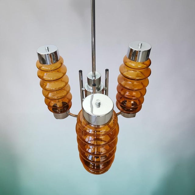 Tall Mid-Century Modern Chandelier in Amber Brown Glass and Chrome, 1970s For Sale - Image 9 of 10