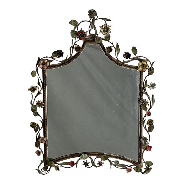 Beautifully made Vintage Italian Metal Mirror with Hand Painted Flowers and leaves. Amazing detail. Distressed and old...