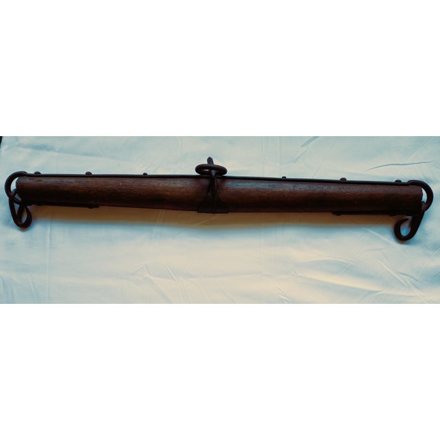 Farmhouse Antique Oak Singletree With Hand=Forged Iron Bands, Hooks and Ring For Sale - Image 3 of 10