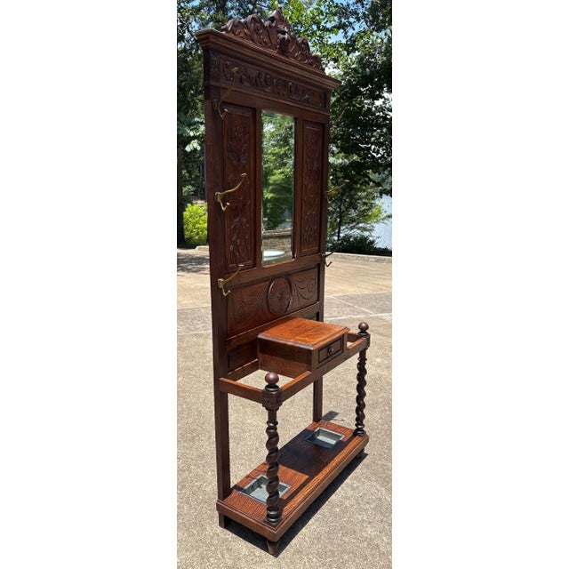 Arts & Crafts Antique European Hall Tree With Center Mirror, Glove Box and Umbrella Stands For Sale - Image 3 of 11