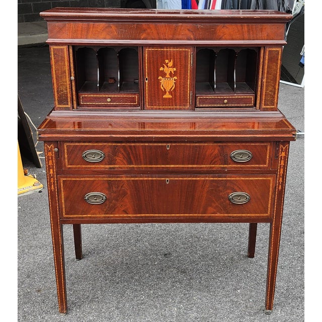 Traditional Antique American Federal Style Inlaid Mahogany Ladies Tambour Writing Desk ~ Butlers Desk, 1930s For Sale - Image 3 of 13