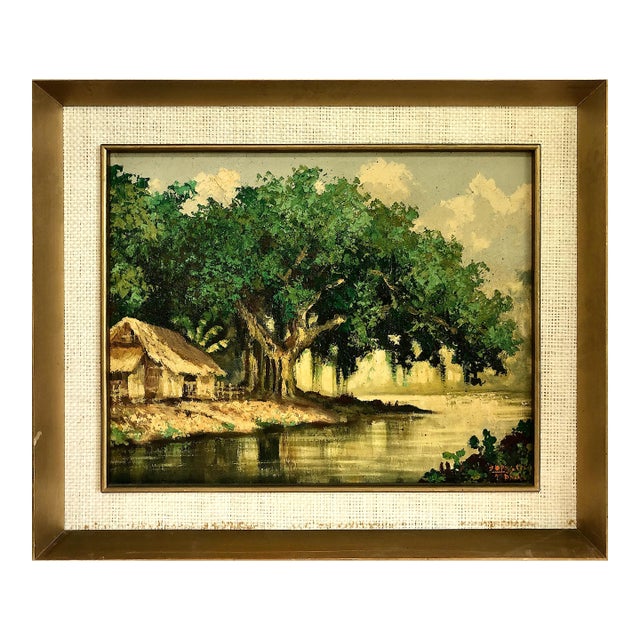 Impressionist Water’s Edge Tropical Landscape With Banyan Tree For Sale