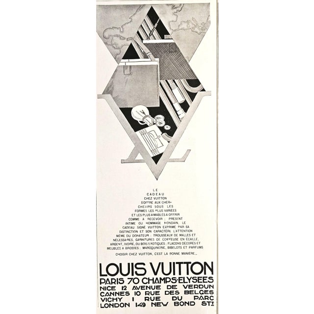 This is an original pair of 1928 French Art Deco advertisement prints for Louis Vuitton luxury travel products. They are...