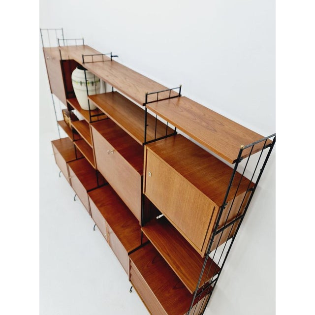 Freestanding String Shelf-System Unit Bookcase in Teak and Metal by Silverschild, 1950s For Sale - Image 11 of 12