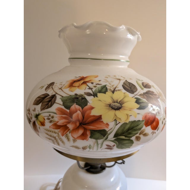 Vintage Floral Milk Glass Hurricane Parlor Lamp With Ornate Brass Base For Sale - Image 4 of 5