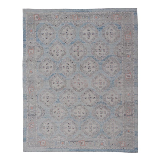All-Over Tribal Motifs Design Light Blue With Hints of Orange Turkish Oushak Rug For Sale