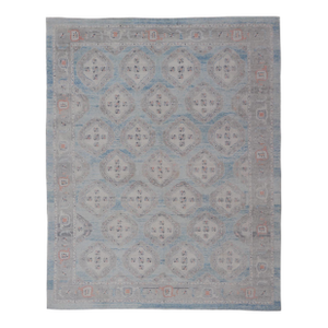 All-Over Tribal Motifs Design Light Blue With Hints of Orange Turkish Oushak Rug