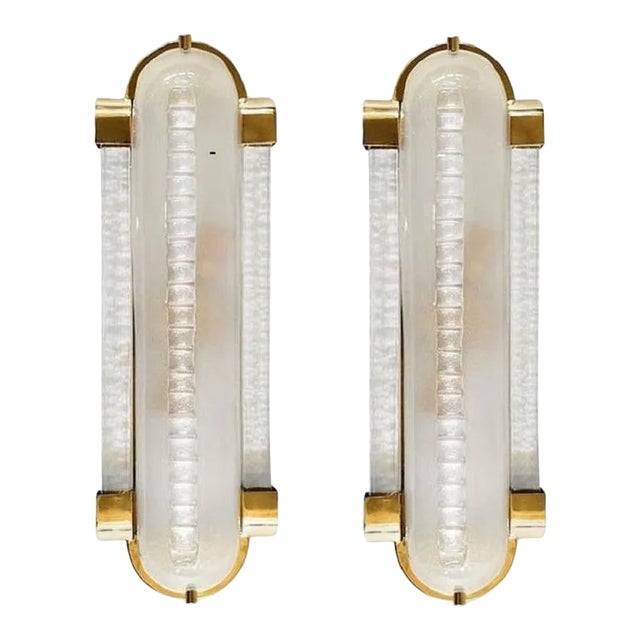 Frosted Murano Glass and Brass Sconces - a Pair For Sale