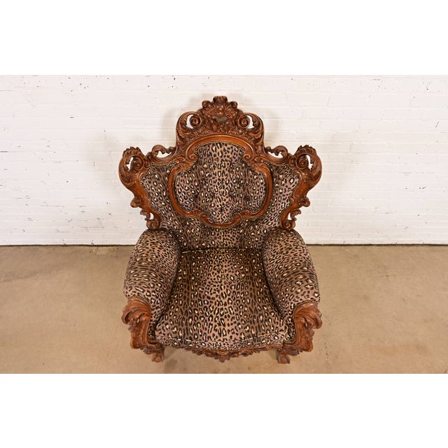 Early 20th Century Italian Baroque Ornate Carved Walnut Throne Chair or Lounge Chair With Leopard Print Upholstery For Sale - Image 5 of 13