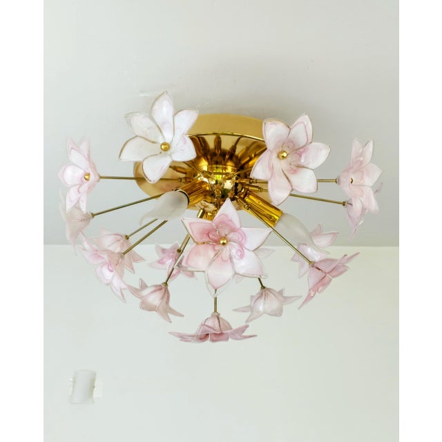Murano Style Flush Mount Pink Flower Ceiling Light Glass Chandelier For Sale - Image 6 of 13