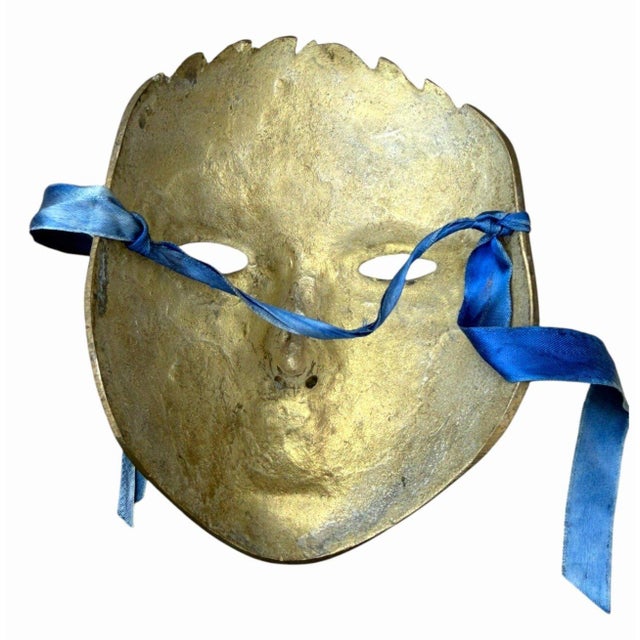1970s Vintage Solid Brass Masquerade Face Mask Hand Painted India Wall Decor 6" For Sale - Image 5 of 5
