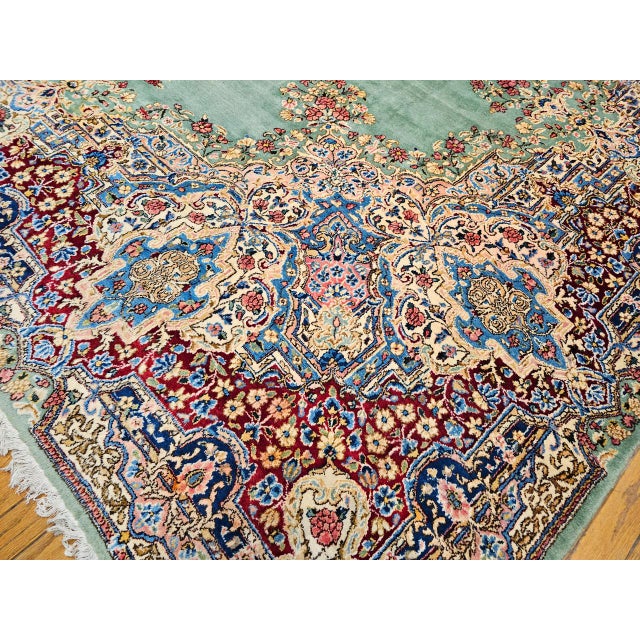 Vintage Oversized Persian Kerman Rug, Hand-Knotted Wool, Floral Pattern, Pale Green & Red, 12x16 For Sale - Image 14 of 15
