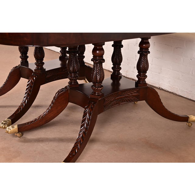 Baker Furniture Style Georgian Mahogany Double Pedestal Extension Dining Table, Newly Refinished For Sale - Image 12 of 15