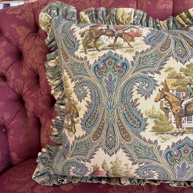 Traditional Extra Large Pillow With Equestrian Toile Fabric For Sale - Image 3 of 7