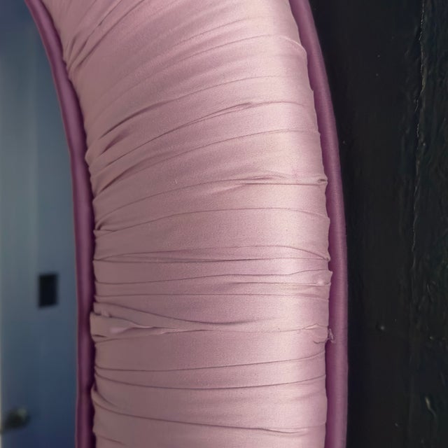 1980s Fabulous Custom-Made Mauve Ruched Silk Taffeta Oval Wall Mirror For Sale - Image 5 of 9