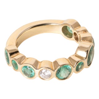 Estate Elena Votsi Emerald and Diamond Bezel Flow Ring, Size 7.25 For Sale