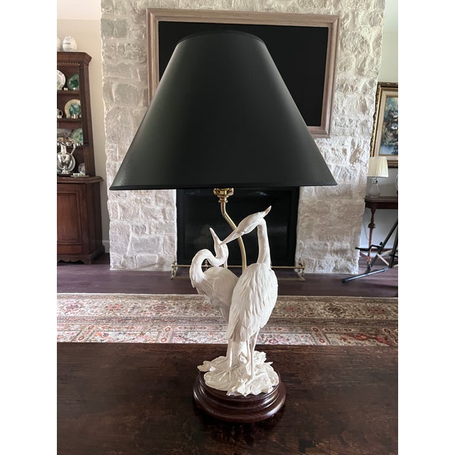 Striking mid-century Italian bisque porcelain table lamp featuring a pair of beautifully detailed herons (or cranes) by...