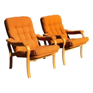 Pair of Mid-Century Modern Bentwood Lounge Chairs | Scandinavian Style | New Burnt Orange Tufted Upholstery | C. 1970s For Sale