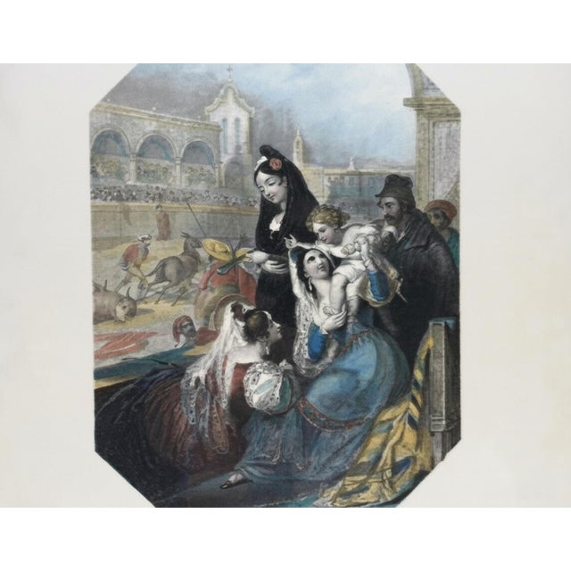 A beautifully framed antique hand-colored engraving depicting an evocative genre scene in Andalusia, Spain. The...