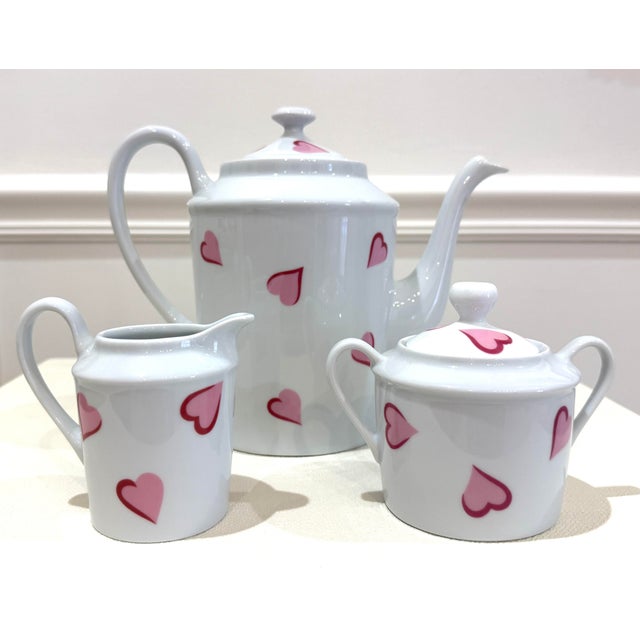 French D Porthault "Coeurs" Porcelain Coffee Pot, Creamer and Sugar Bowl For Sale - Image 3 of 12