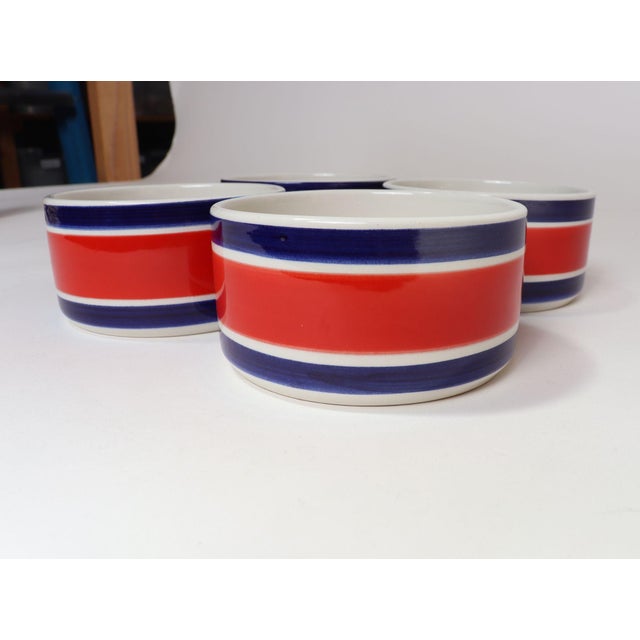 1960s Set of Four Vintage Italian Red, White and Blue Striped Ceramic Bowls by Mancioli For Sale - Image 5 of 14