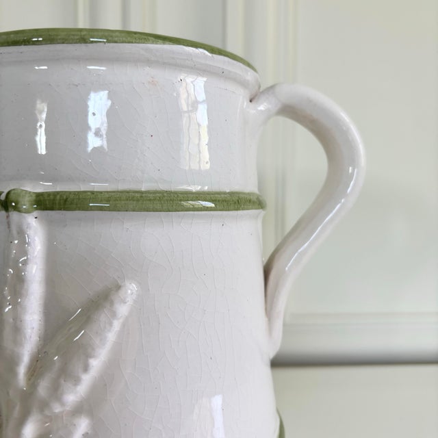 Farmhouse White Green Botanical Relief Large Pottery Pitcher Handmade in Portugal For Sale - Image 3 of 7