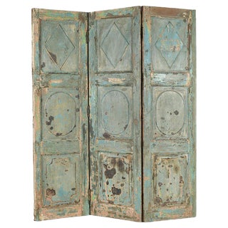 3-Wing Wooden Screen with Patina-Finish, 1940s For Sale