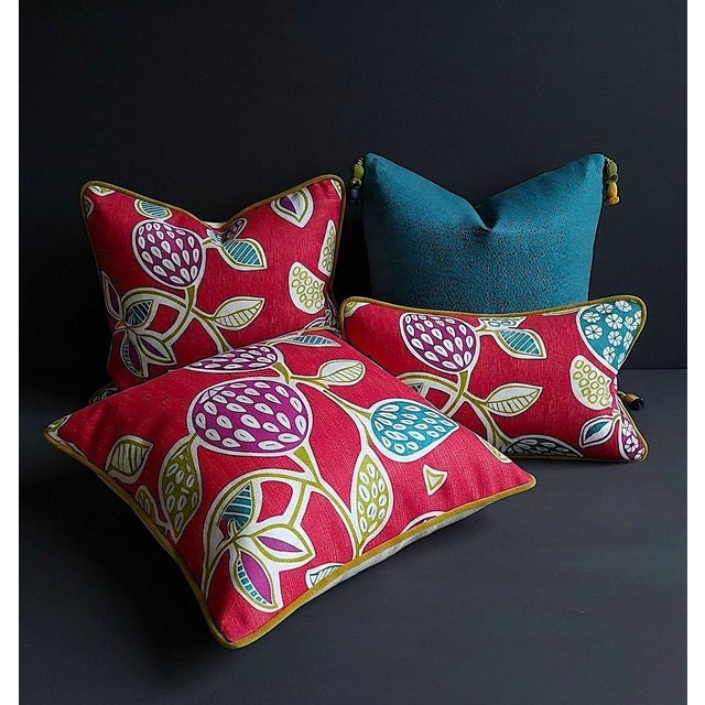 Vibrant Cottagecore Charm: Hana Chess in Ruby + Romo Miro in Beijing Blue + Down-Feather Filled Pillows = a Set of 4 For Sale - Image 10 of 17
