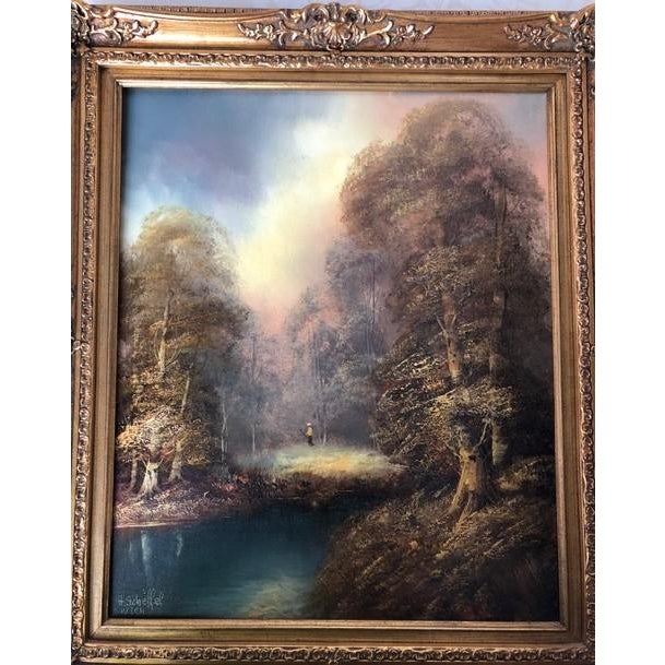 Vintage Signed Romantic Landscape Oil Painting in Ornate Gilt Frame For Sale - Image 11 of 11