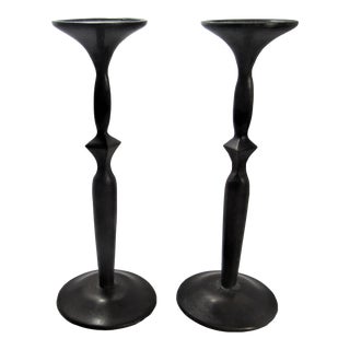Vintage Early 20th Century Brass Over Iron Rustic Goth Candlesticks - a Pair For Sale