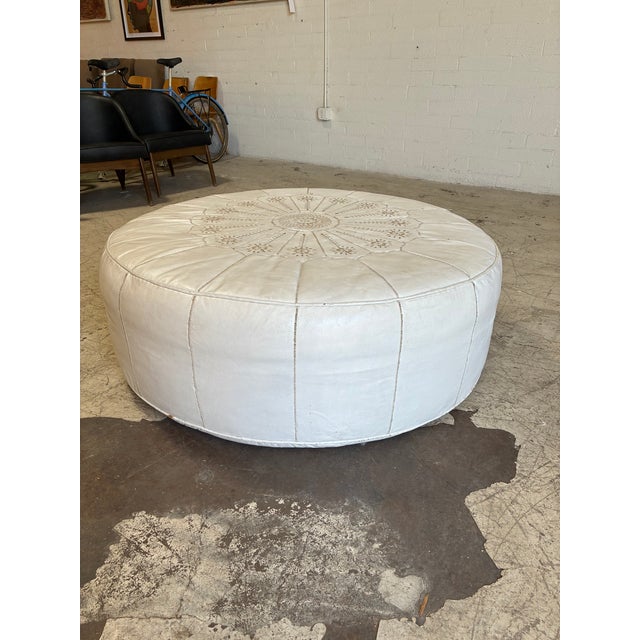 Vintage Oversized White Leather Moroccan Pouf Ottoman For Sale - Image 4 of 5