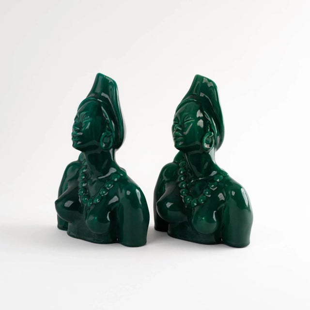Emerald Green Ceramic Goddess Bust Figures - Pair For Sale - Image 10 of 12