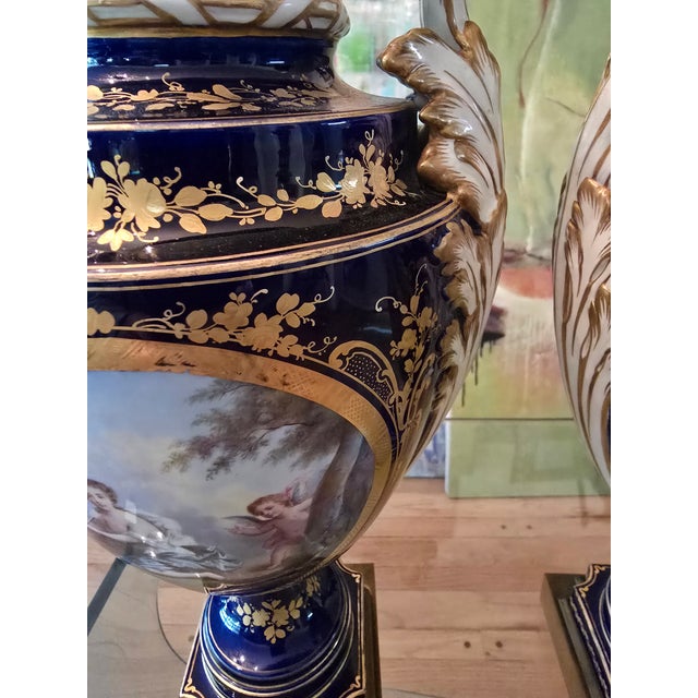 Antique Cobalt Blue Porcelain Pr Urns Attributed to Sevres | Chairish