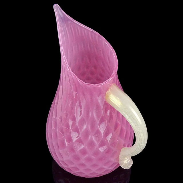 Murano Murano Vintage Pink White Opal Gold Flecks Diamond Quilted Surface Italian Art Glass Pitcher Flower Vase For Sale - Image 4 of 12