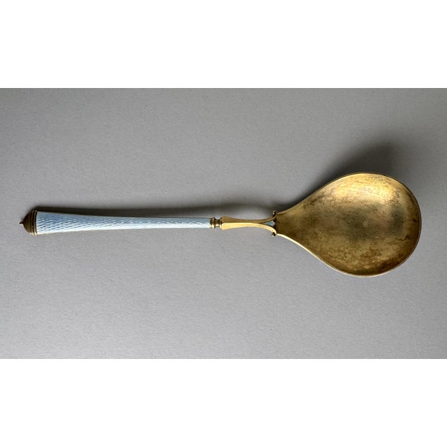 Art Deco Mid 20th Century David Andersen Oslo Norway Sterling Silver Gilt Blue Guilloche Enamel Large Serving Spoon, Post-1940 For Sale - Image 3 of 12